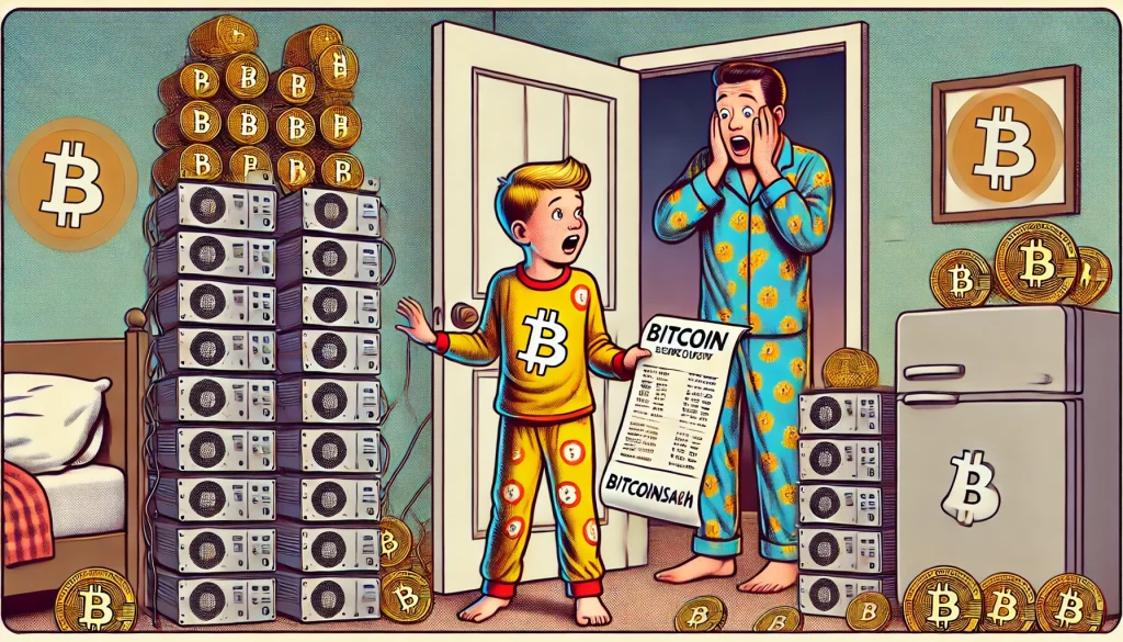 Un adolescent en pyjama dans une chambre de 2009, entouré d'ordinateurs empilés et connectés, minant du Bitcoin