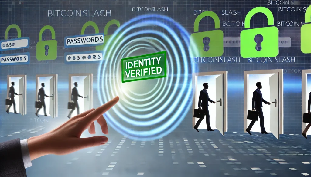 Une main humaine touche du doigt un écran flottant dans l'air. Au moment du contact, des ondes concentriques se propagent et transforment une jungle de mots de passe