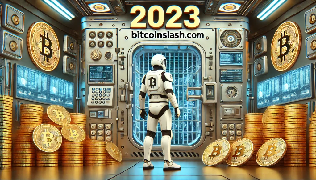 Une personne en tenue futuriste de 2023 se tenant devant un énorme coffre-fort high-tech couvert de cadenas, de scanners biométriques et d'écrans numériques