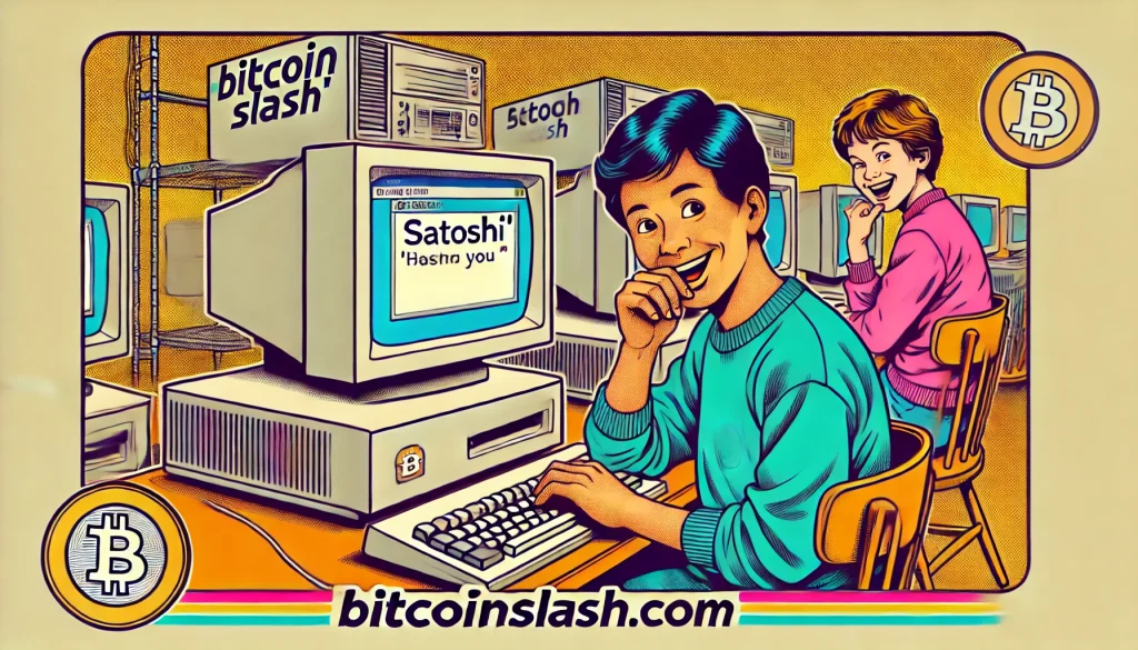 Un café internet de style années 2000, avec des ordinateurs à écrans cathodiques. Au premier plan, une personne tape frénétiquement sur un clavier, envoyant un message à'Satoshi'