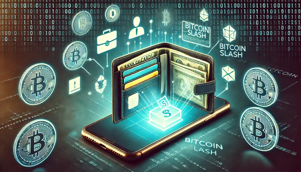 Un smartphone flotte au centre de l'image, projetant un hologramme 3D d'un portefeuille ouvert