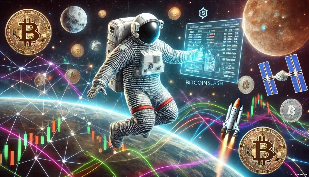 Un astronaute moderne flottant dans l'espace, mais au lieu d'une combinaison spatiale classique, il porte une combinaison faite de code binaire et de symboles cryptographiques