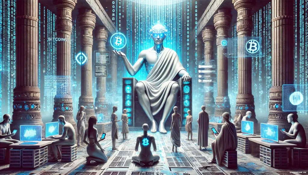 Dans un temple futuriste aux colonnes de code binaire, une figure androgyne mi-humaine, mi-robot est assise sur un trône de serveurs