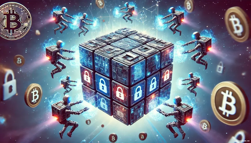 Un immense cube de Rubik flottant dans un espace abstrait. Chaque face du cube est une combinaison de circuits imprimés, de serrures numériques, et de symboles blockchain en mouvement constant