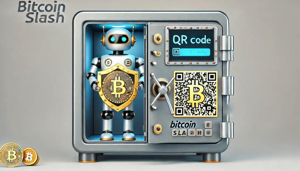 Un coffre-fort high-tech avec un écran affichant un QR code, gardé par un robot bienveillant tenant un bouclier avec le symbole Bitcoin