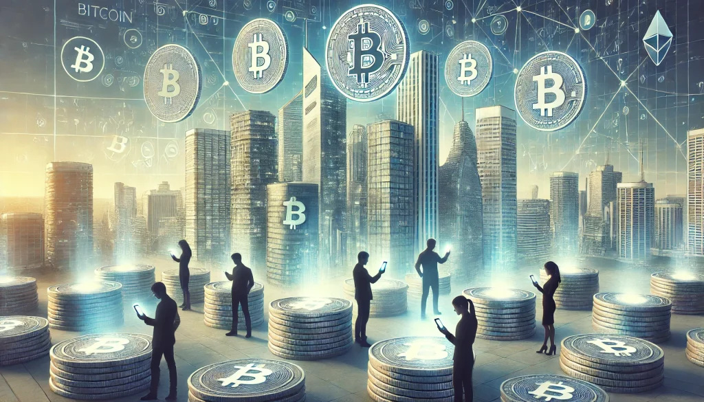 Un paysage urbain futuriste où les gratte-ciels sont faits de pièces de monnaie empilées, avec des personnes utilisant des smartphones projetant des hologrammes de différents logos de cryptomonnaies