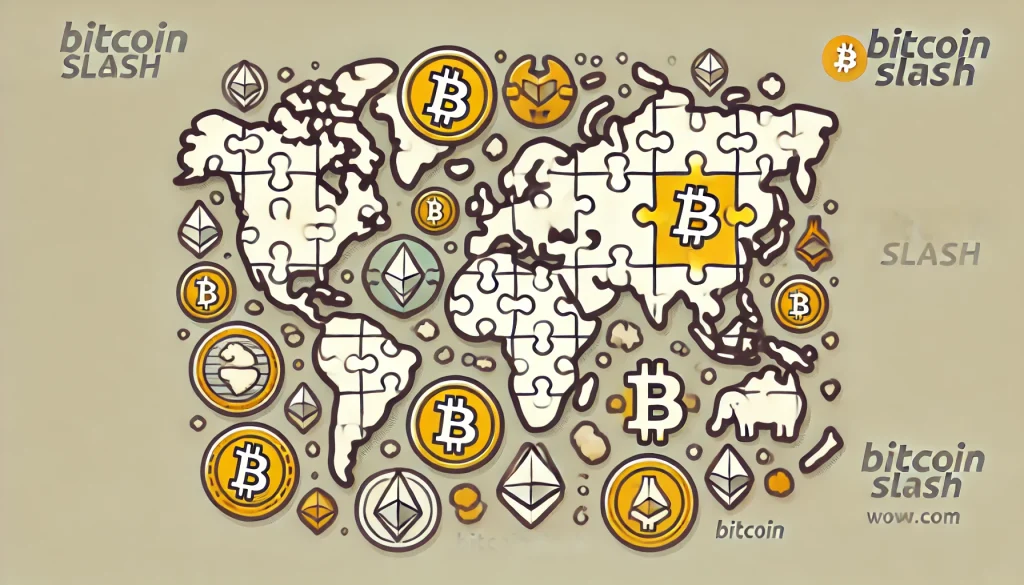 Une carte du monde stylisée où chaque continent est représenté par un puzzle, avec des pièces de différentes cryptomonnaies s'emboîtant parfaitement dans chaque région