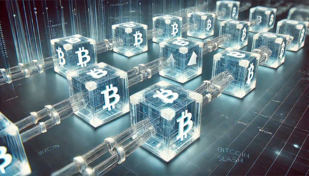 Une chaîne de blocs 3D transparents, chaque bloc contenant des symboles de transaction (comme des flèches et des chiffres)