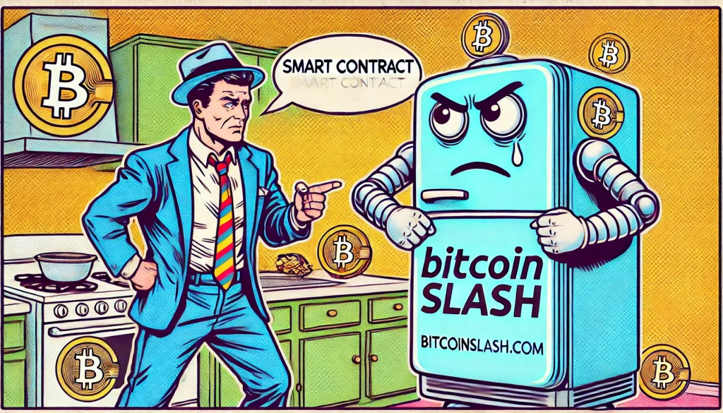 Cette illustration amusante représenterait le concept des contrats intelligents, en montrant littéralement un contrat robotique interagissant avec un appareil ménager