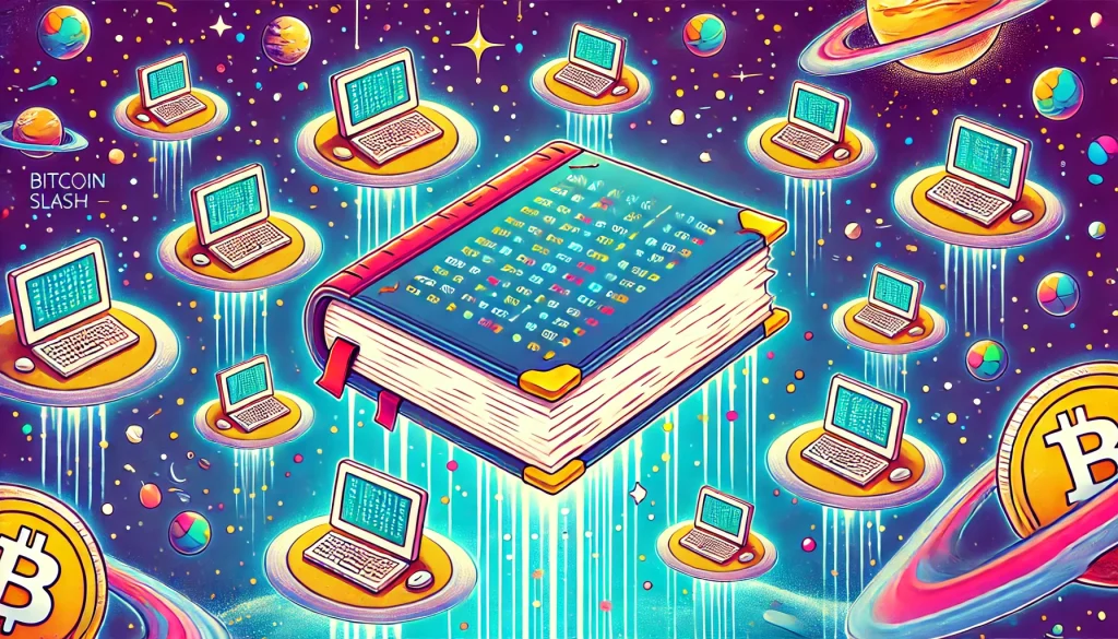 Cette illustration représenterait le concept du "Grand Livre de Comptes Cosmique" de manière visuelle et amusante. Le livre géant symbolise la blockchain, tandis que les ordinateurs-planètes montrent sa nature distribuée