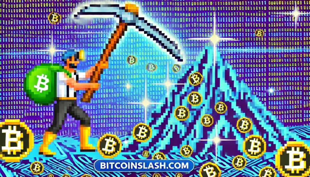 Cette image illustrerait de façon humoristique le concept de minage de cryptomonnaies, en mélangeant l'imagerie traditionnelle des mineurs avec des éléments numériques.