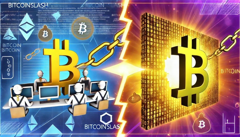 des mineurs stylisés travaillant sur des ordinateurs avec des symboles mathématiques flottant au-dessus etblockchain avec le dernier bloc brillant d'une lueur dorée