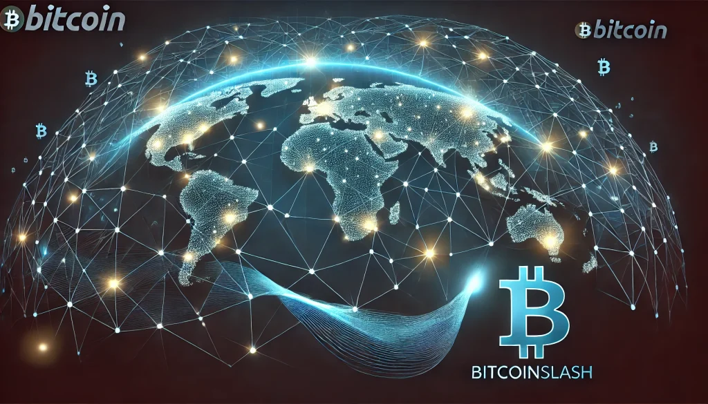 ne visualisation du réseau Bitcoin sous forme de constellation mondiale. Des points lumineux représentent les nœuds sur une carte du monde stylisée, reliés par des lignes formant une toile complexe