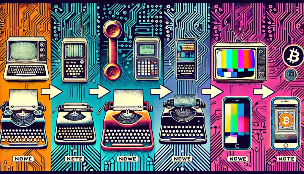 À l'extrême gauche, des objets analogiques classiques : un téléphone à cadran, une machine à écrire, une télévision à tube cathodique. Au centre, ces objets commencent à se pixeliser et à se transformer. À l'extrême droite, ils sont devenus leurs équivalents numériques modernes : un smartphone, un ordinateur portable, une smart TV