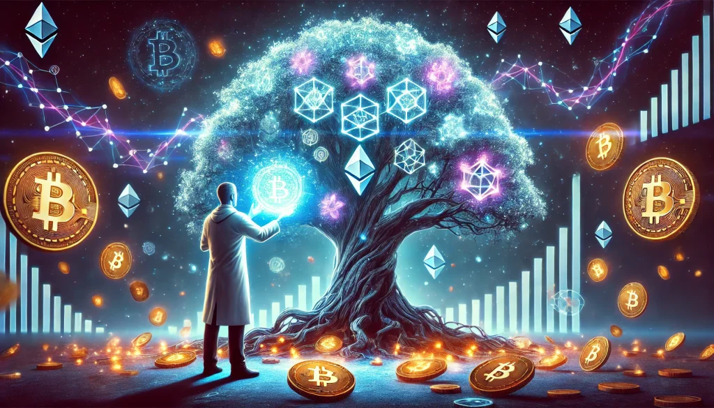 Un data scientist blockchain se tient devant un arbre majestueux et lumineux. Les branches de l'arbre sont faites de flux de données et de chaînes de blocs interconnectés