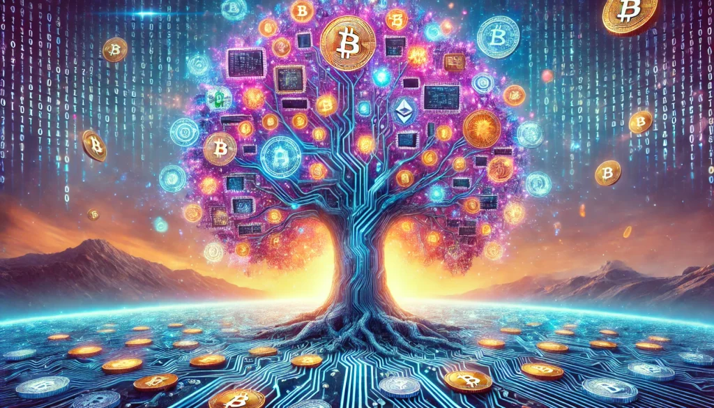 Un arbre majestueux et surréaliste dont le tronc est fait de circuits imprimés et de codes binaires