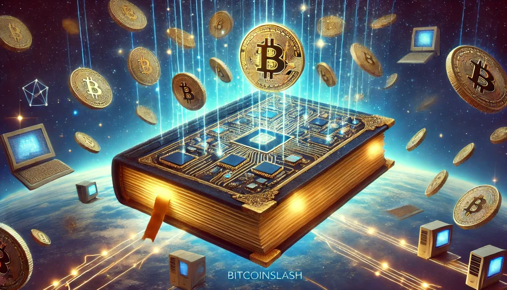 un énorme livre flottant dans l'espace. Les pages du livre sont faites de circuits imprimés lumineux