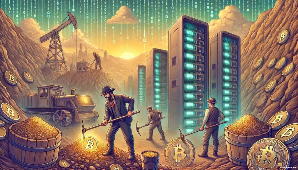 une mine d'or traditionnelle et un centre de données moderne. Des mineurs, vêtus à la fois comme des prospecteurs du 19ème siècle et des informaticiens, utilisent des pioches high-tech pour extraire des bitcoins brillants d'énormes serveurs ressemblant à des rochers
