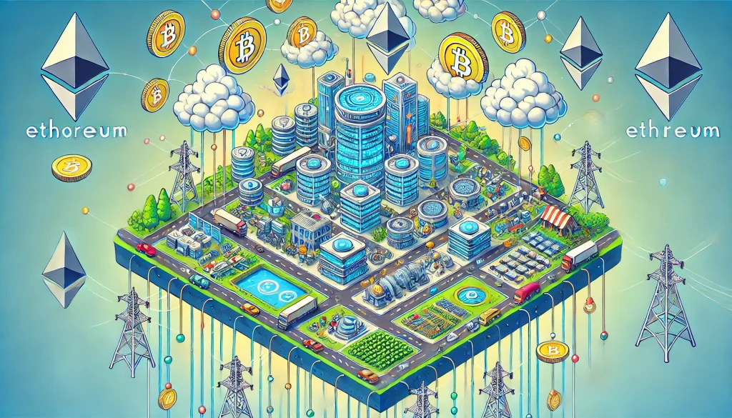 n écosystème blockchain sous forme d'une ville futuriste vue de haut