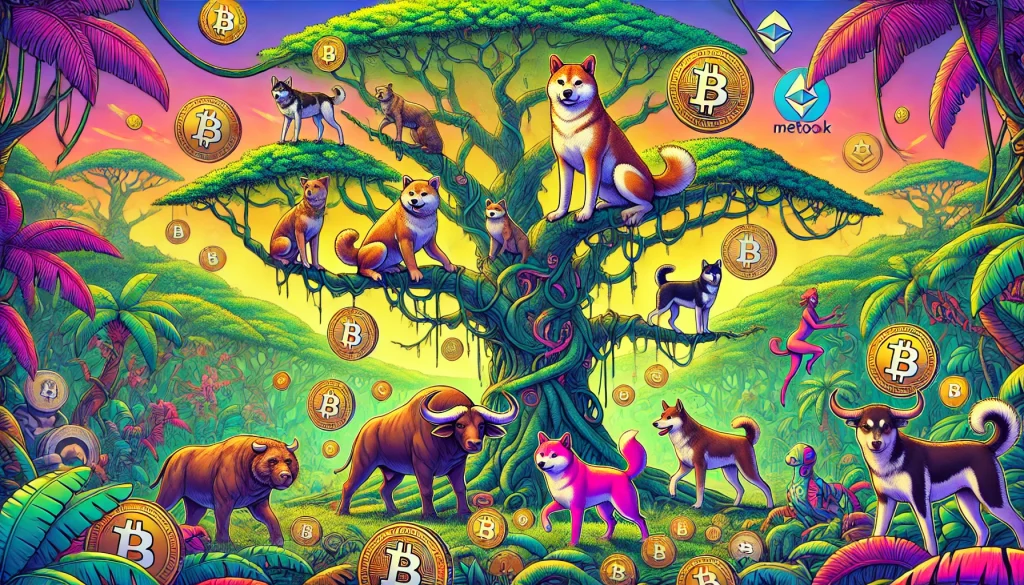 jungle luxuriante où différents animaux représentent des cryptomonnaies. Au centre, un grand arbre avec des branches représentant les différentes blockchains