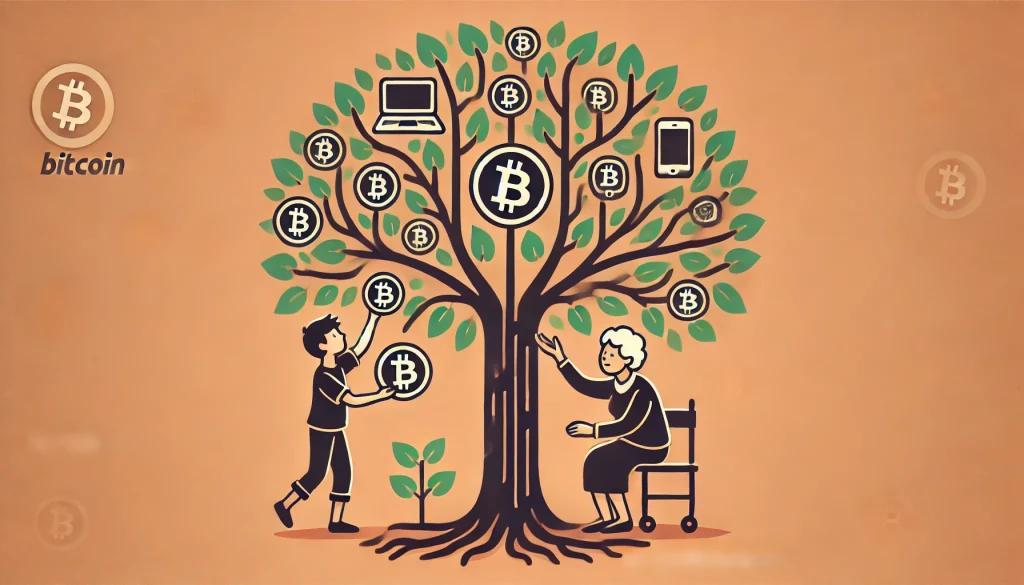 Cette métaphore visuelle représente le Bitcoin comme une partie de l'arbre plus large de la technologie moderne. L'aide du jeune à sa grand-mère illustre le partage intergénérationnel de connaissances et l'accessibilité du concept