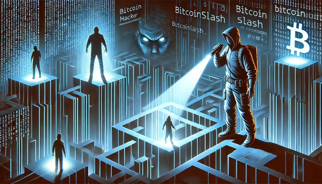 Un analyste en cybersécurité, représenté comme un explorateur high-tech, navigue dans un labyrinthe 3D complexe fait de murs de données et de code