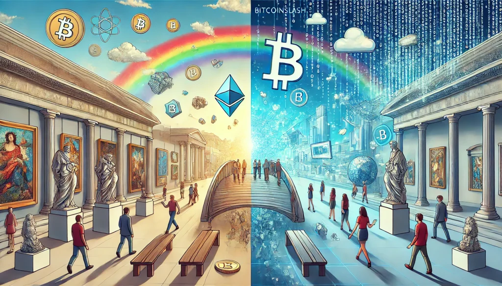 Une scène divisée en deux mondes distincts. À gauche, un musée traditionnel avec des tableaux encadrés et des sculptures. À droite, un espace virtuel futuriste rempli d'hologrammes et d'œuvres d'art numériques flottantes