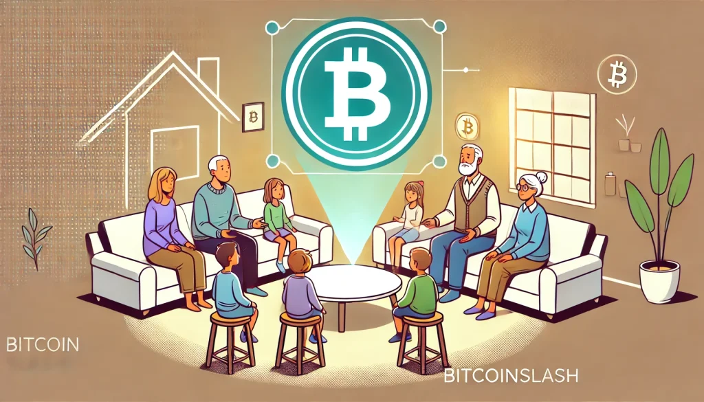 Cette illustration montre le Bitcoin comme un sujet de discussion familiale, soulignant son importance et son intérêt pour toutes les générations. Elle encourage l'idée que la compréhension du Bitcoin peut être une activité inclusive et enrichissante pour toute la famille.