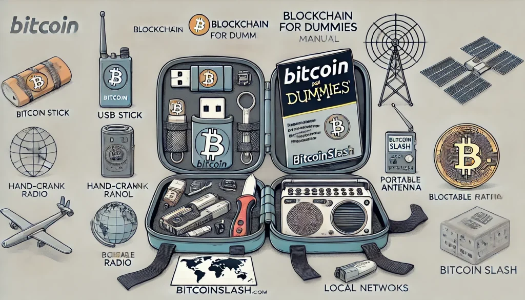 Une illustration style infographie montrant un sac à dos d'urgence futuriste ouvert. À l'intérieur, on peut voir des objets tels qu'une clé USB gravée avec le symbole Bitcoin, une radio à manivelle, un manuel "Blockchain pour les nuls", une antenne portable, et une carte du monde avec des points représentant des réseaux locaux. Chaque objet est accompagné d'une brève explication humoristique.