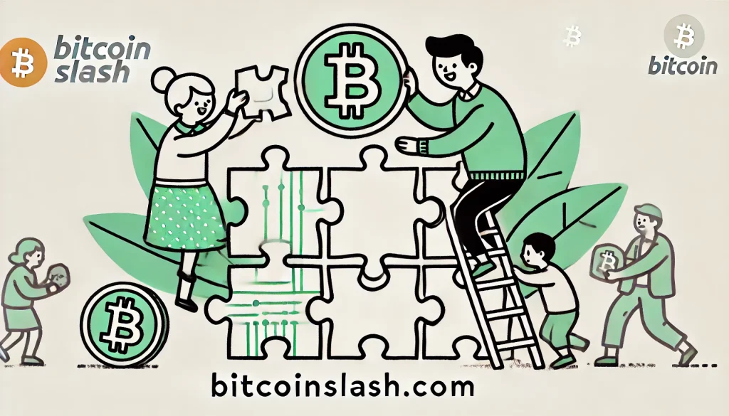 Cette image symbolise la complexité du Bitcoin rendue accessible. Le puzzle représente les différents aspects du Bitcoin qui, une fois assemblés, forment une image complète. L'activité partagée souligne l'aspect ludique de l'apprentissage.