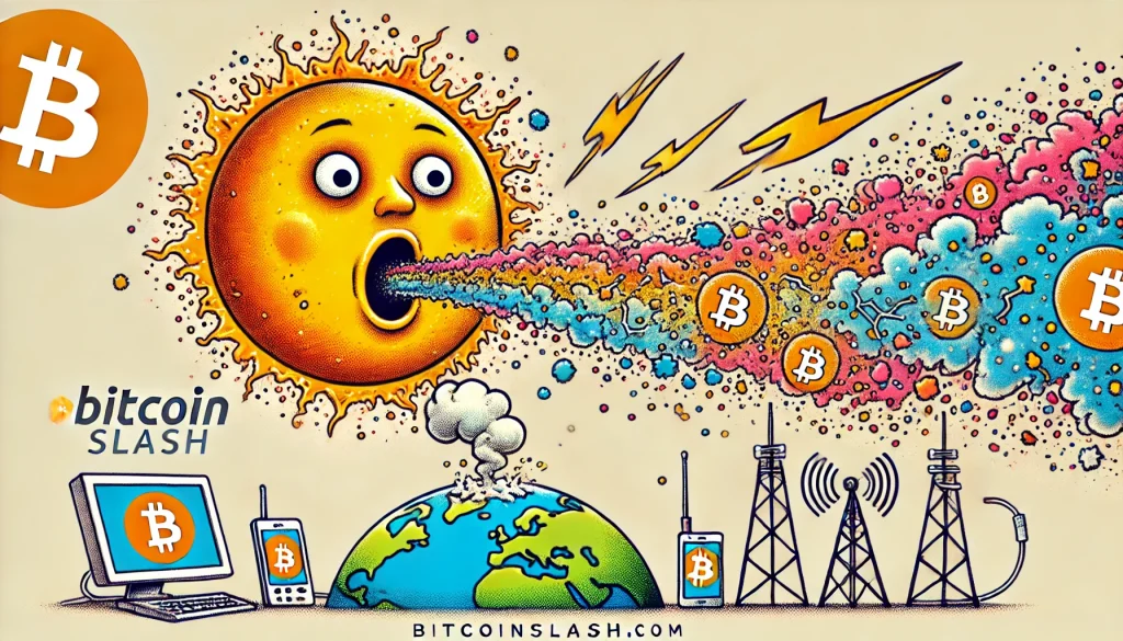 Une illustration humoristique montrant le Soleil personnifié avec un visage, en train de faire un énorme "rot" composé de particules colorées et d'éclairs. Ces particules se dirigent vers une Terre surprise, où des appareils électroniques (smartphones, ordinateurs, antennes) commencent à émettre de la fumée.