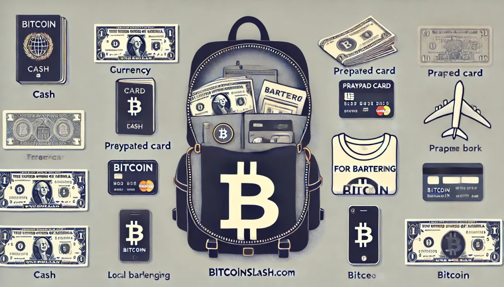 Sac ouvert : argent, carte prépayée, t-shirt pour troc, guide de phrases, smartphone éteint