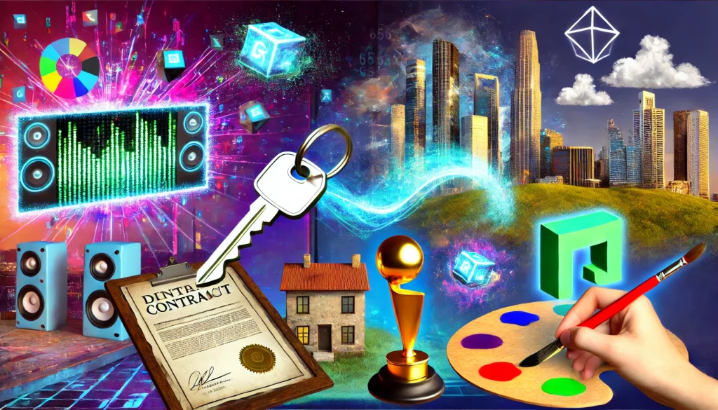 Un collage surréaliste montrant différentes utilisations des NFT