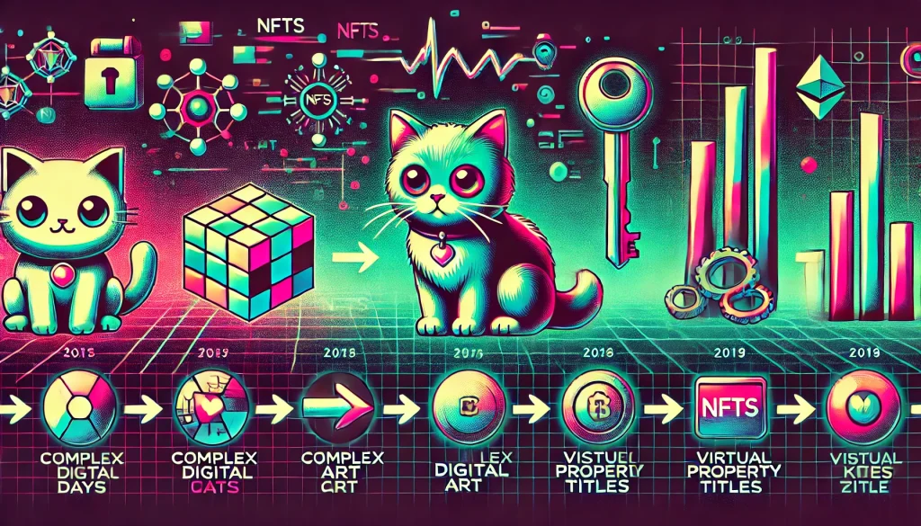 s d'œuvres d'art." Pour illustrer la section sur l'histoire des NFT : "Une timeline visuelle stylisée, commençant par un simple chat pixelisé