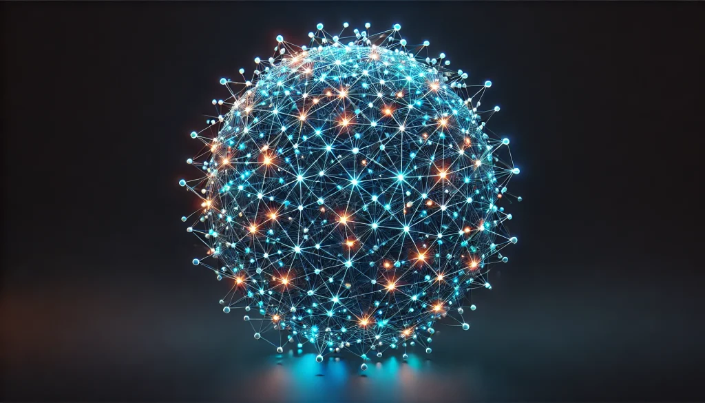 Un réseau complexe de points lumineux interconnectés, formant une sphère 3D sur un fond sombre