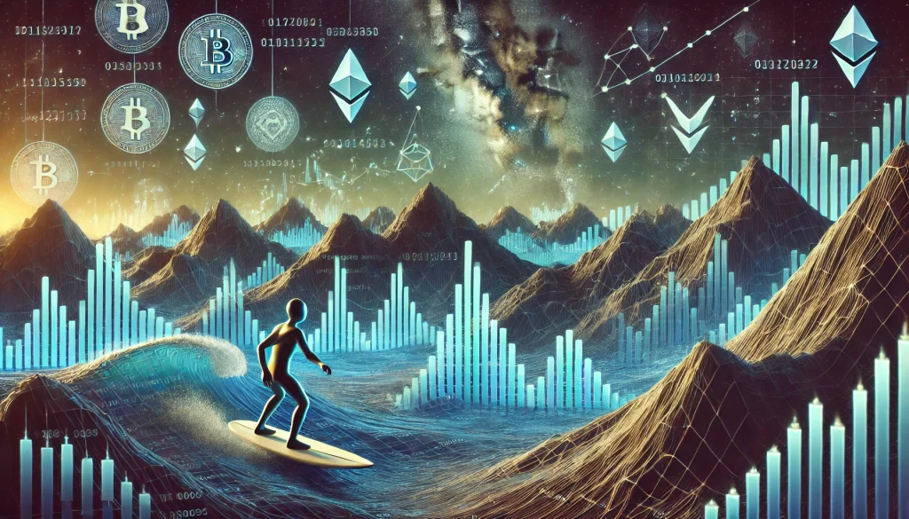 Un paysage montagneux stylisé avec des pics et des vallées formés par des graphiques boursiers en temps réel