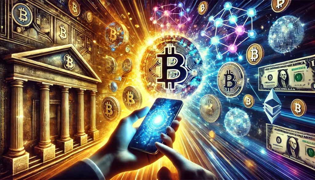 Composition saisissante représentant une main tenant un smartphone qui projette un univers financier holographique