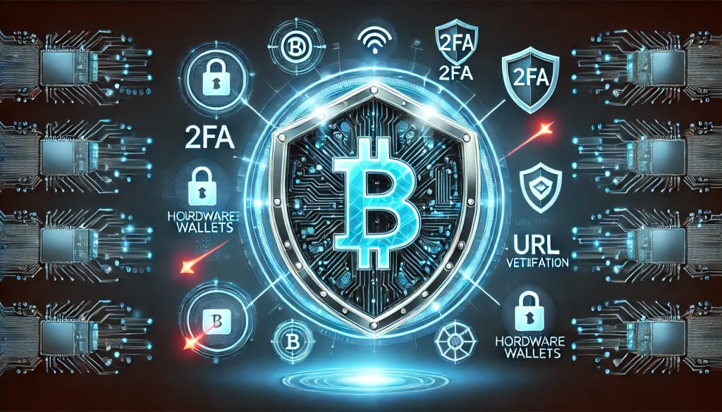 Un bouclier de cristal high-tech avec le symbole Bitcoin au centre, entouré de plusieurs couches de protection représentant différentes mesures de sécurité (2FA, hardware wallet, vérification d'URL)