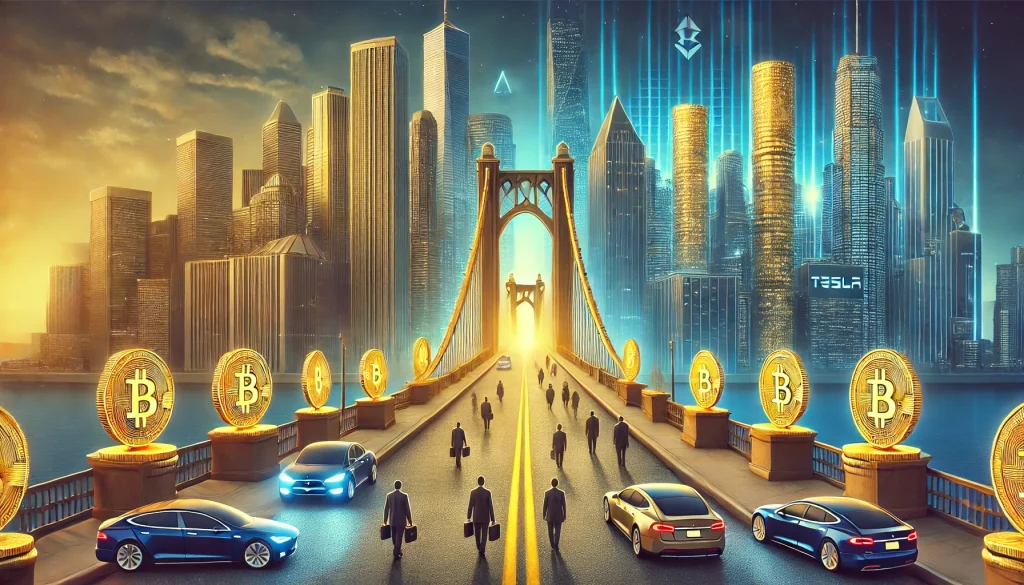 Un pont majestueux reliant deux mondes, d'un côté, des gratte-ciels traditionnels en acier et verre représentant Wall Street