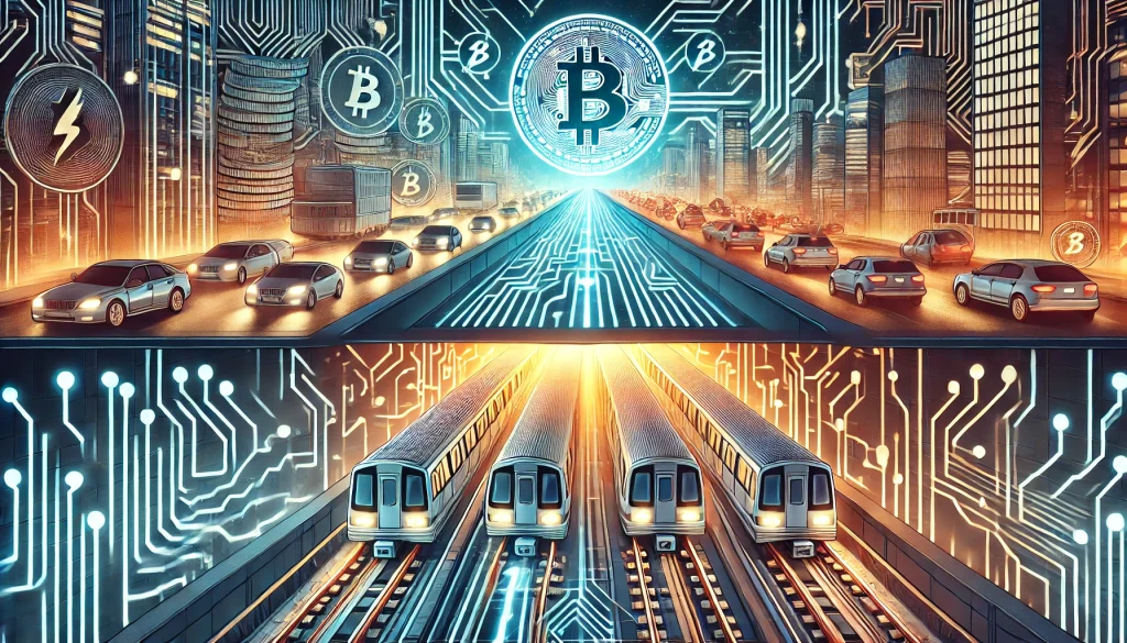 Une coupe transversale montrant deux niveaux en haut, la blockchain Bitcoin représentée comme une route principale encombrée