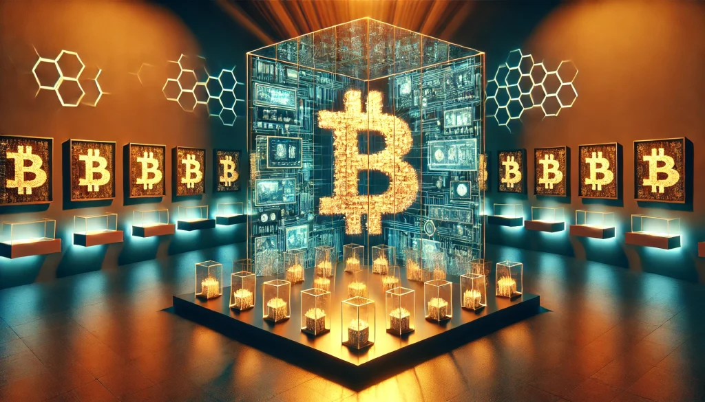 Une galerie d'art futuriste avec des murs en blockchain visualisée, où chaque bloc est transparent et contient une œuvre d'art miniature
