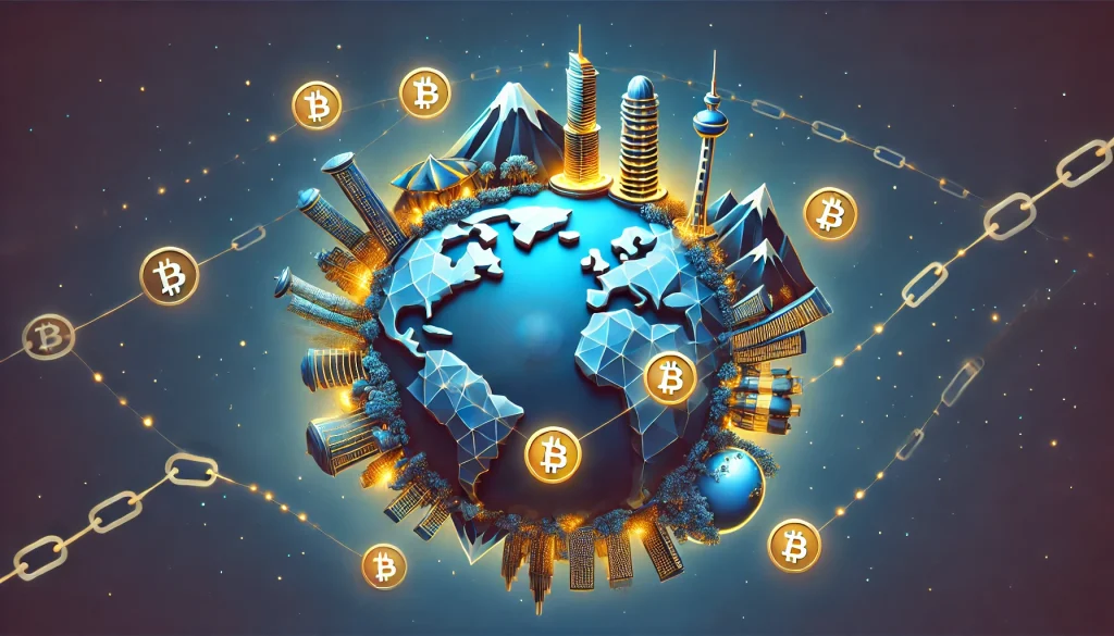 Vue à 360° d'un globe stylisé où les 5 pays sont représentés comme des îles flottantes interconnectées