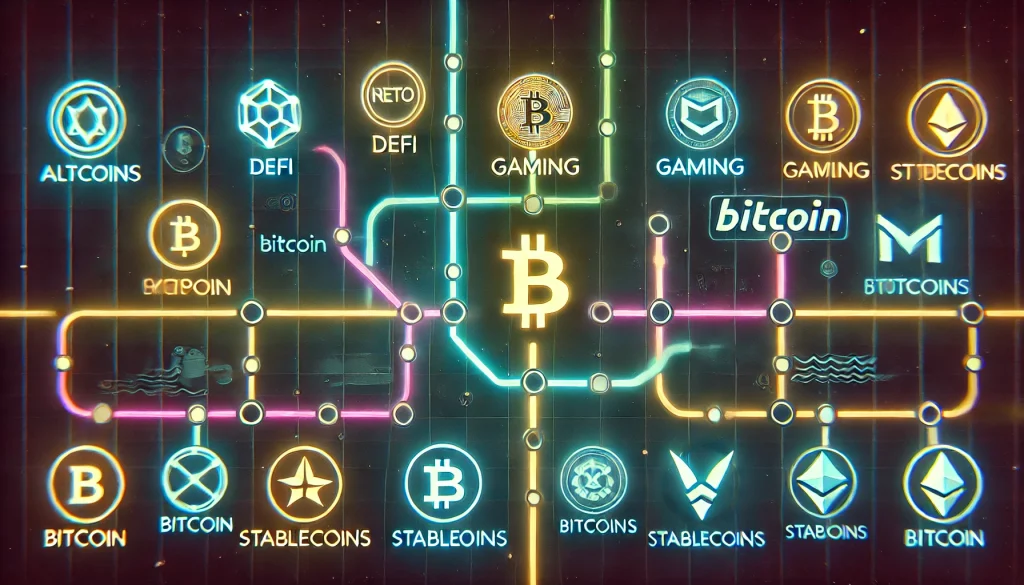 carte de métro futuriste où chaque ligne représente une catégorie d'altcoin (DeFi, Gaming, Stablecoins)