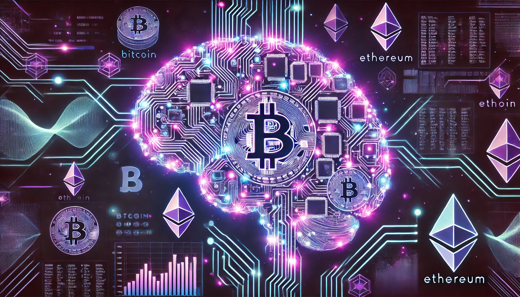 cerveau cybernétique brillant composé de circuits imprimés et de symboles cryptos (Bitcoin, Ethereum) entrelacés