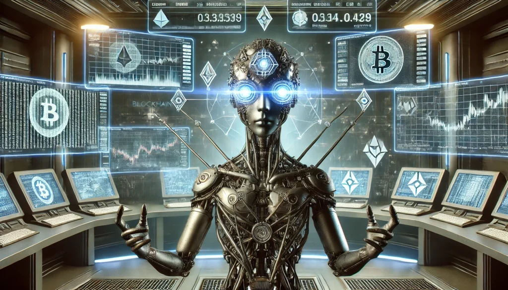 créature hybride mi-robot mi-trader dans une salle de contrôle futuriste