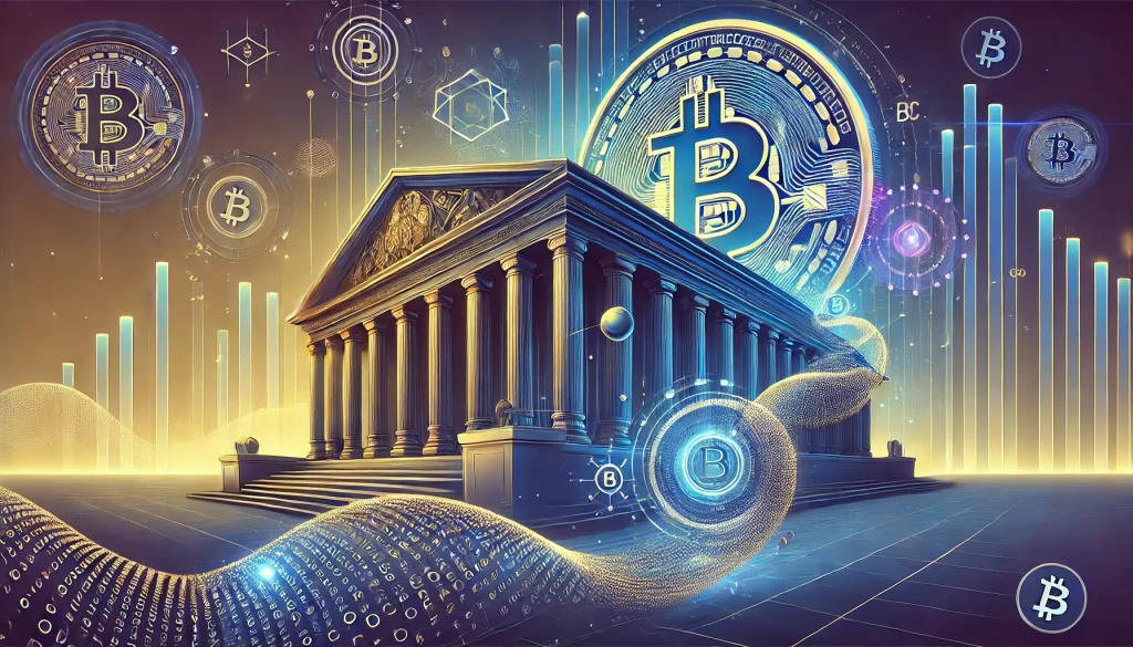 forteresse futuriste au design épuré, fusionnant des éléments d'architecture classique (pour représenter la solidité du Bitcoin) avec des éléments technologiques modernes