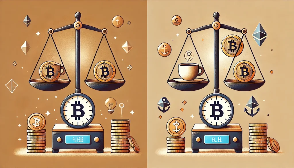 un comptoir de café avec une balance instable où une tasse de café tente de s'équilibrer sur des Bitcoins qui roulent comme des pièces