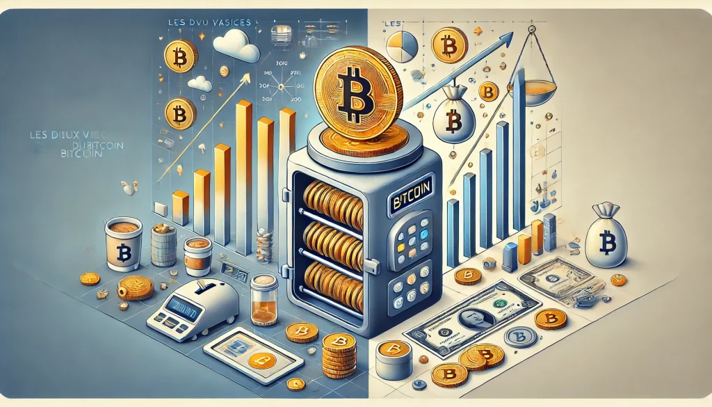 une scène de'tirelire numérique' montrant un coffre-fort high-tech rempli de Bitcoins brillants, avec des flèches montantes et des graphiques positifs, suggérant l'investissement à long terme