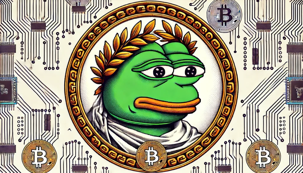 Un portrait façon médaillon romain, où Pepe la grenouille porte une couronne de laurier dorée